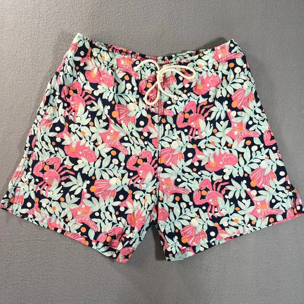 Lilly Pulitzer Mens XL Swim Trunks Pink Blue Crab Starfish Tropical Board Shorts